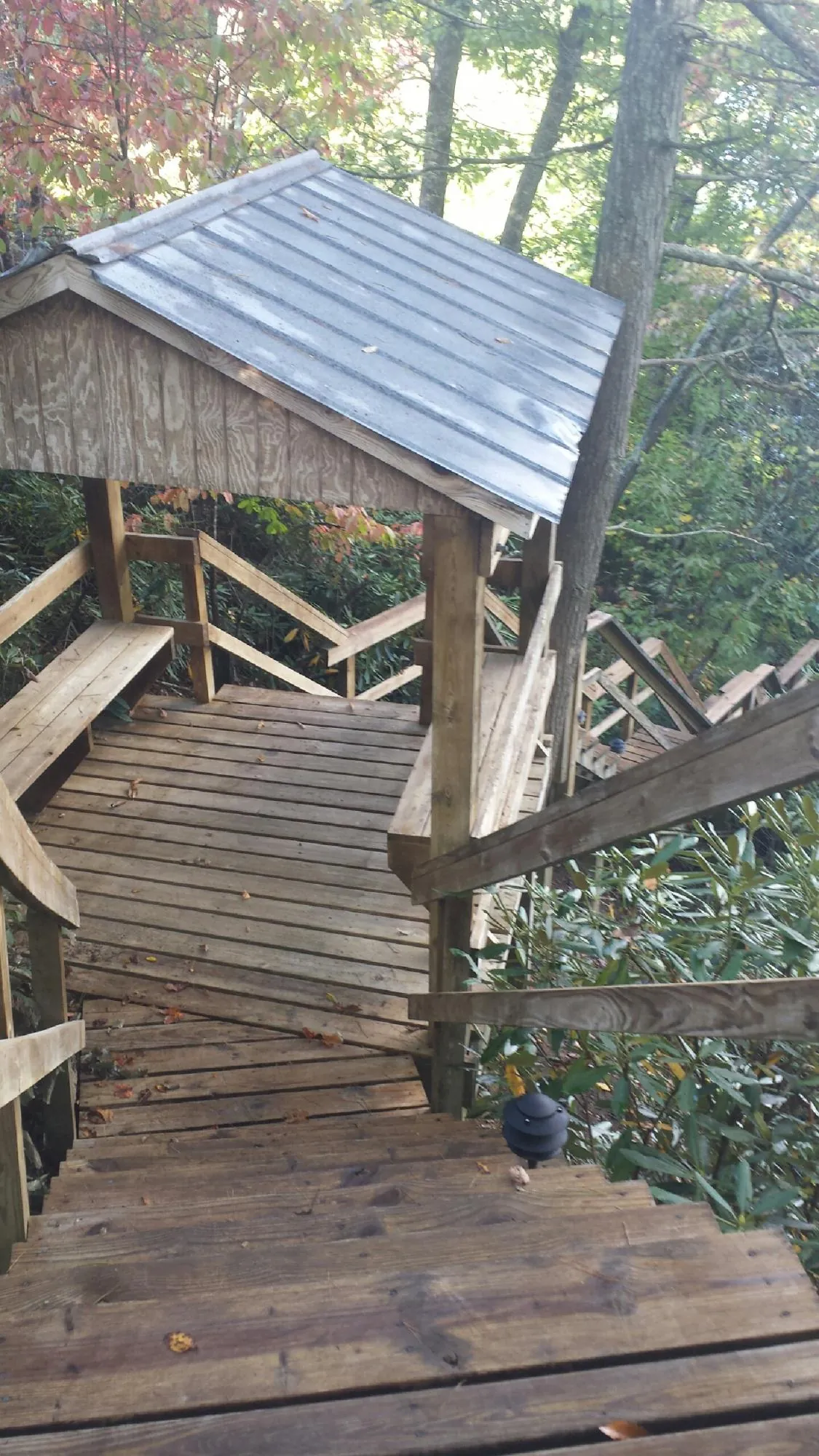 Metal roofed shelter over wooden steps on a wooded walkway — Skylight Repair & Installation work by our crew in Cairo